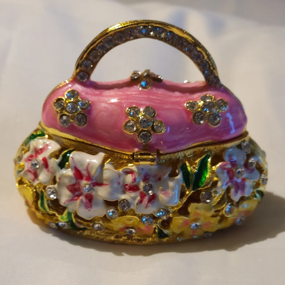 Bejeweled Trinket Hinged Flower Purse  Metal - New